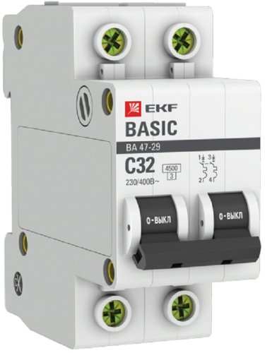 Выключатель автоматический EKF Basic ВА47-29 2п 32А C 4.5кА картинка